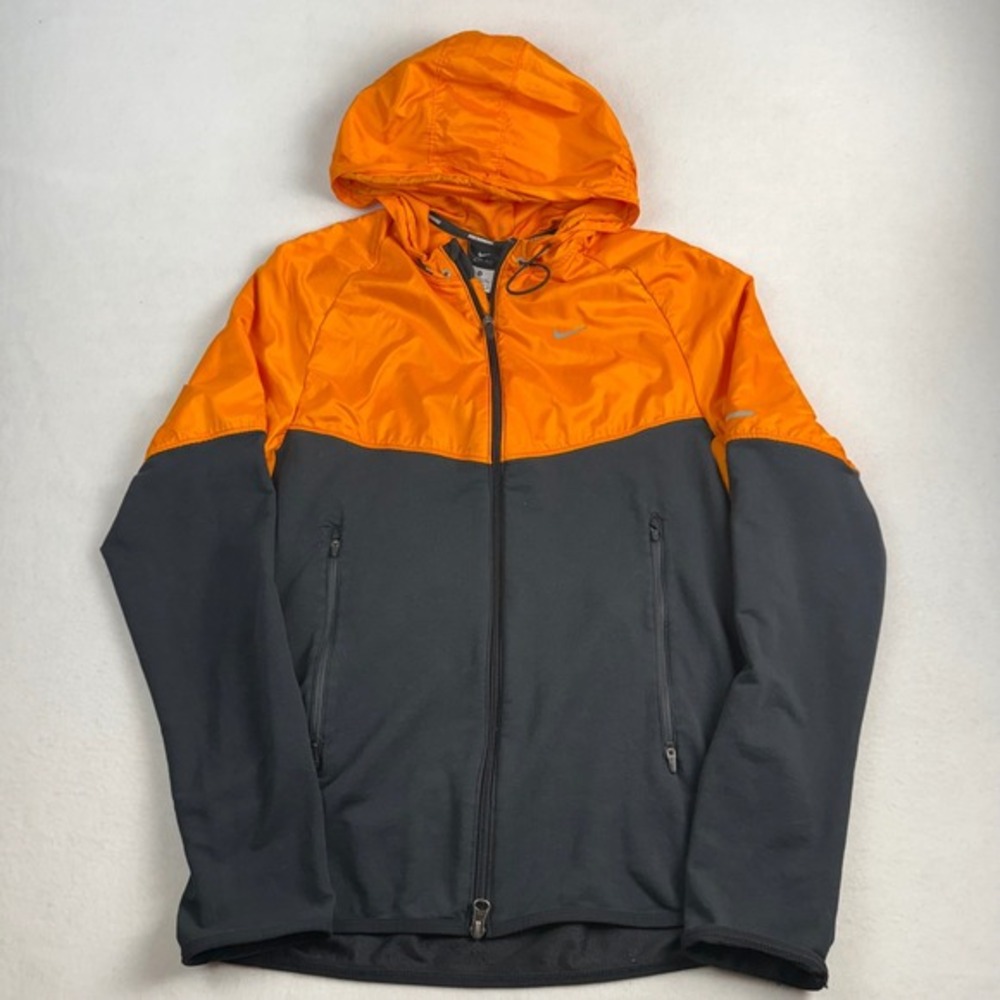 Nike Running Mens Dri-FIT Colorblock Hooded Jacket Orange Grey Medium Reflective